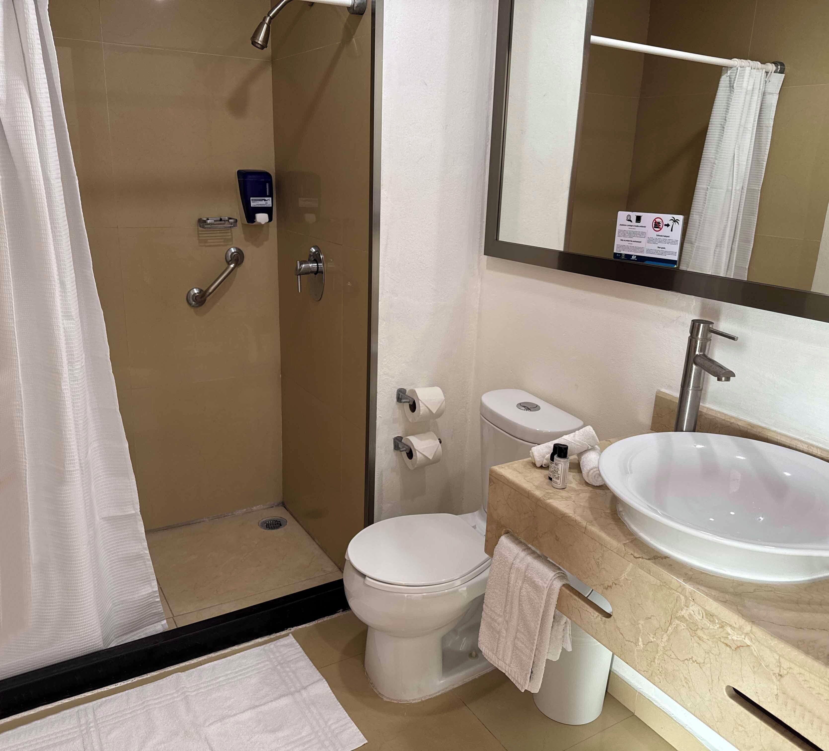 Un bagno con doccia, WC, lavandino e uno specchio.