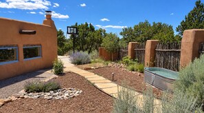 A courtyard with a basketball hoop, a swimming pool, and a stone pathway.