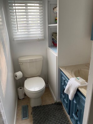 Shower, towels, soap, toilet paper