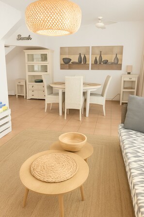 TV, fireplace, books