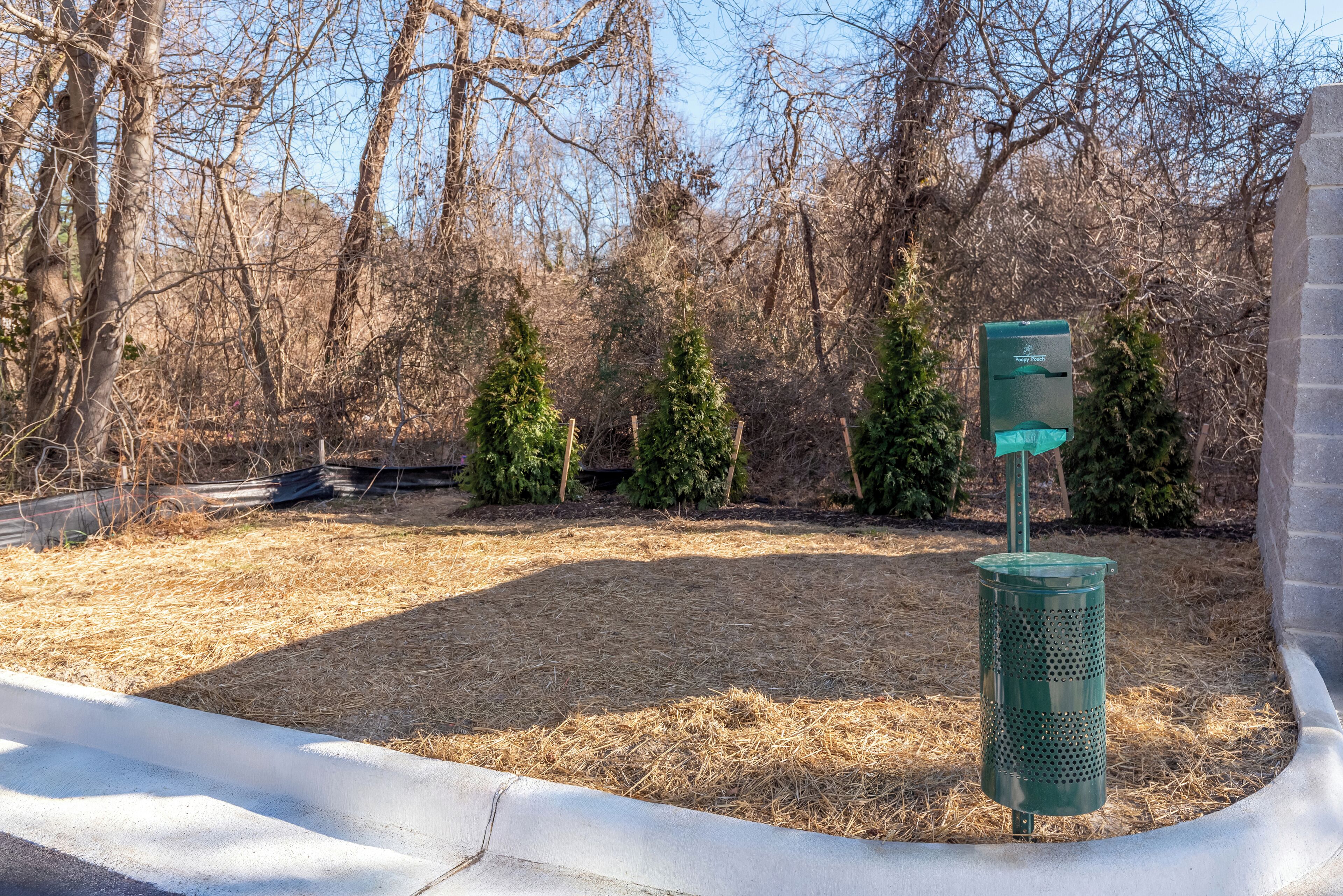 A green trash can with a recycling symbol, a white curb, and a grassy area with trees.
