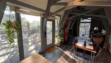 Smart TV, fireplace, video games, DVD player