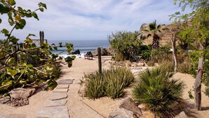 A desert garden with a stone pathway leading to a bench overlooking the ocean. - Oceanfront 2BR • Elevated Views • Large Terrace (Los Cerritos)