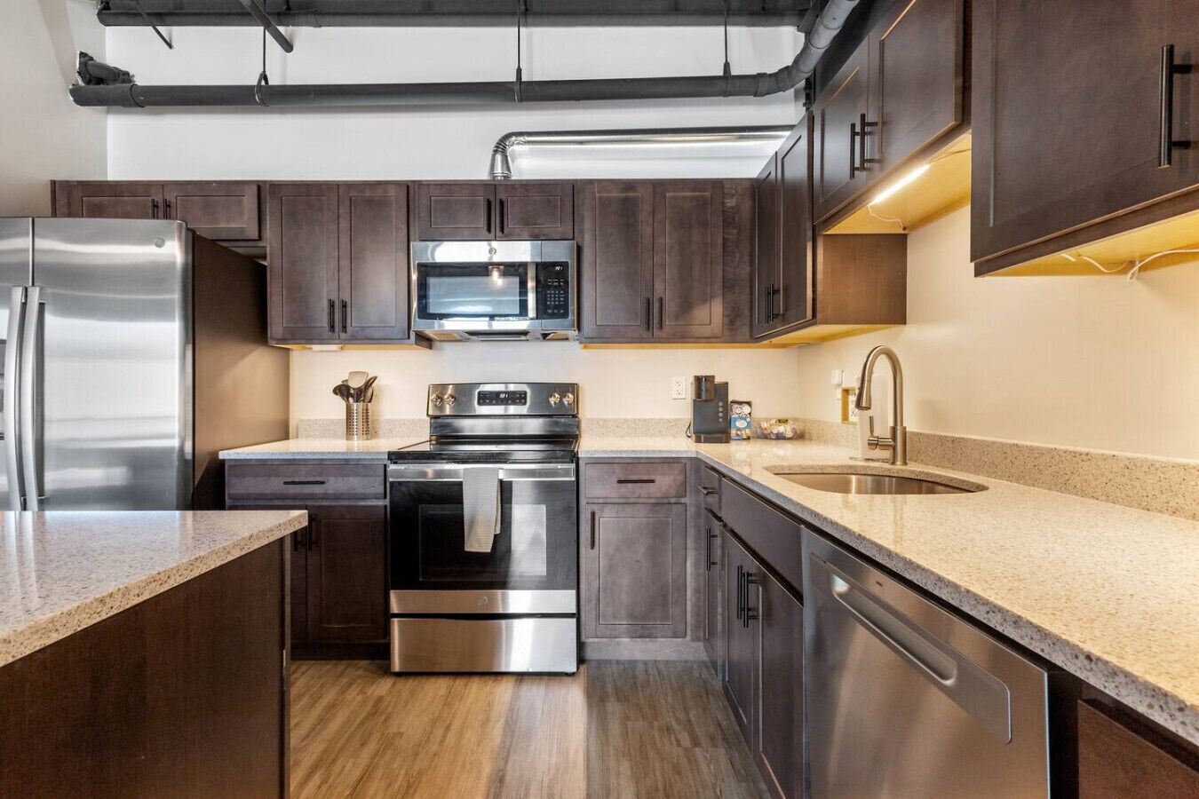 Frigorífico, microondas, horno y placa de cocina