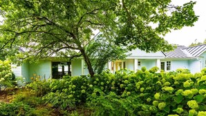 A light blue house with a porch, surrounded by lush greenery and flowering plants. - The Cottage at Seaside in Friendship (Friendship)