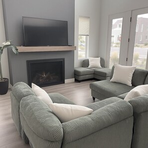 Smart TV, fireplace, books