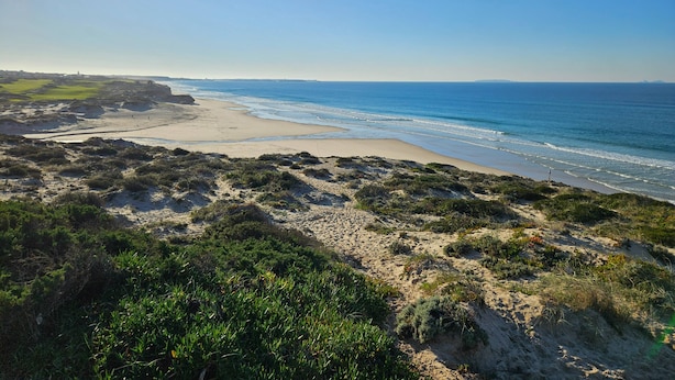 A coastal landscape with a sandy beach, grassy dunes, and a clear blue sky.