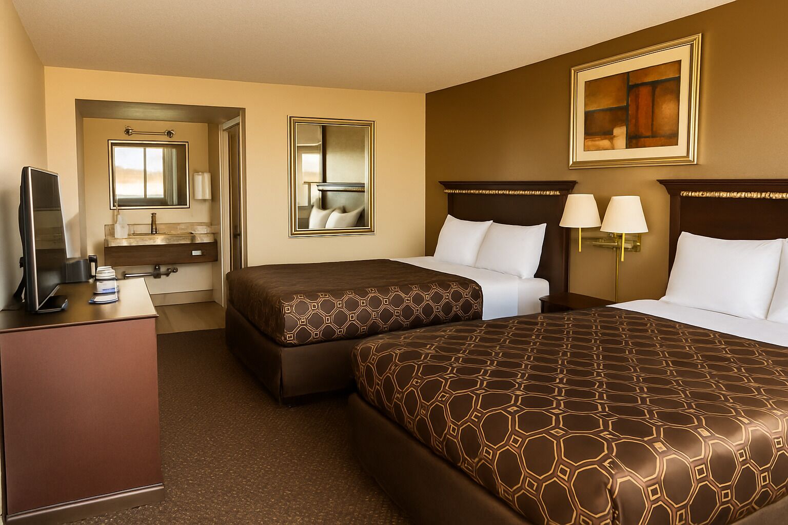 Habitación, 2 camas Queen size, para no fumadores | Tabla de planchar con plancha, wifi gratis y ropa de cama 