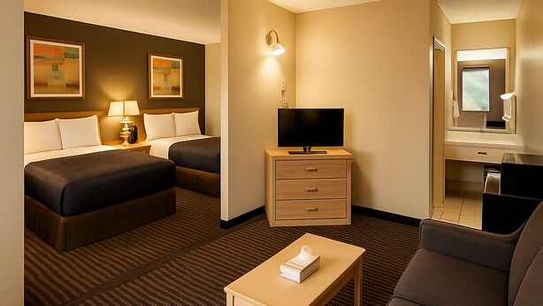 Quarto de hotel com cama, sofá, televisão sobre um suporte de madeira, mesa pequena e espelho.