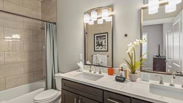Hair dryer, towels, soap, shampoo