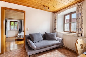 Une pièce avec un plafond en bois, un canapé gris, une chaise en bois, une fenêtre avec des rideaux à motifs et un radiateur.