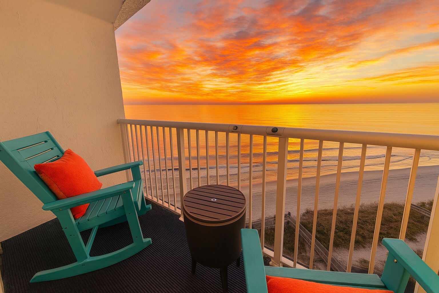 Un balcon offrant une vue sur le coucher de soleil sur l’océan, un fauteuil à bascule et une petite table.