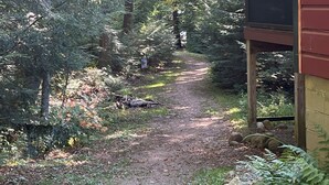 Un sentier bordé d’arbres mène à un chalet doté d’une terrasse en bois et d’une fenêtre.