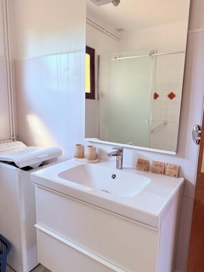 Shower, hair dryer, towels, soap