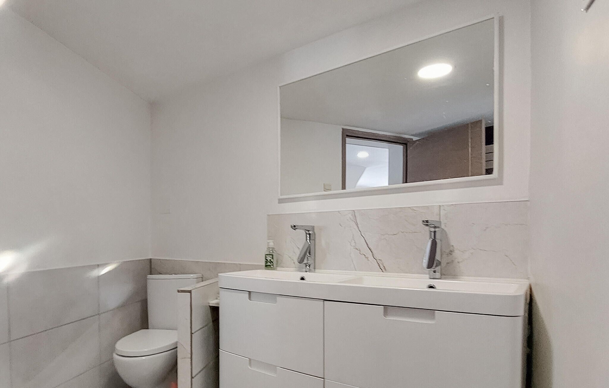 A bathroom with a toilet, a sink, and a mirror.