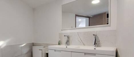A bathroom with a toilet, a sink, and a mirror.