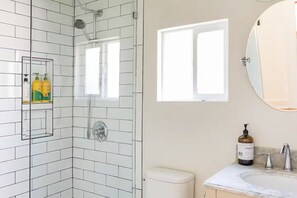 Shower, hair dryer, towels, soap