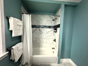 Hair dryer, towels, soap, toilet paper