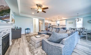 Smart TV, fireplace, books