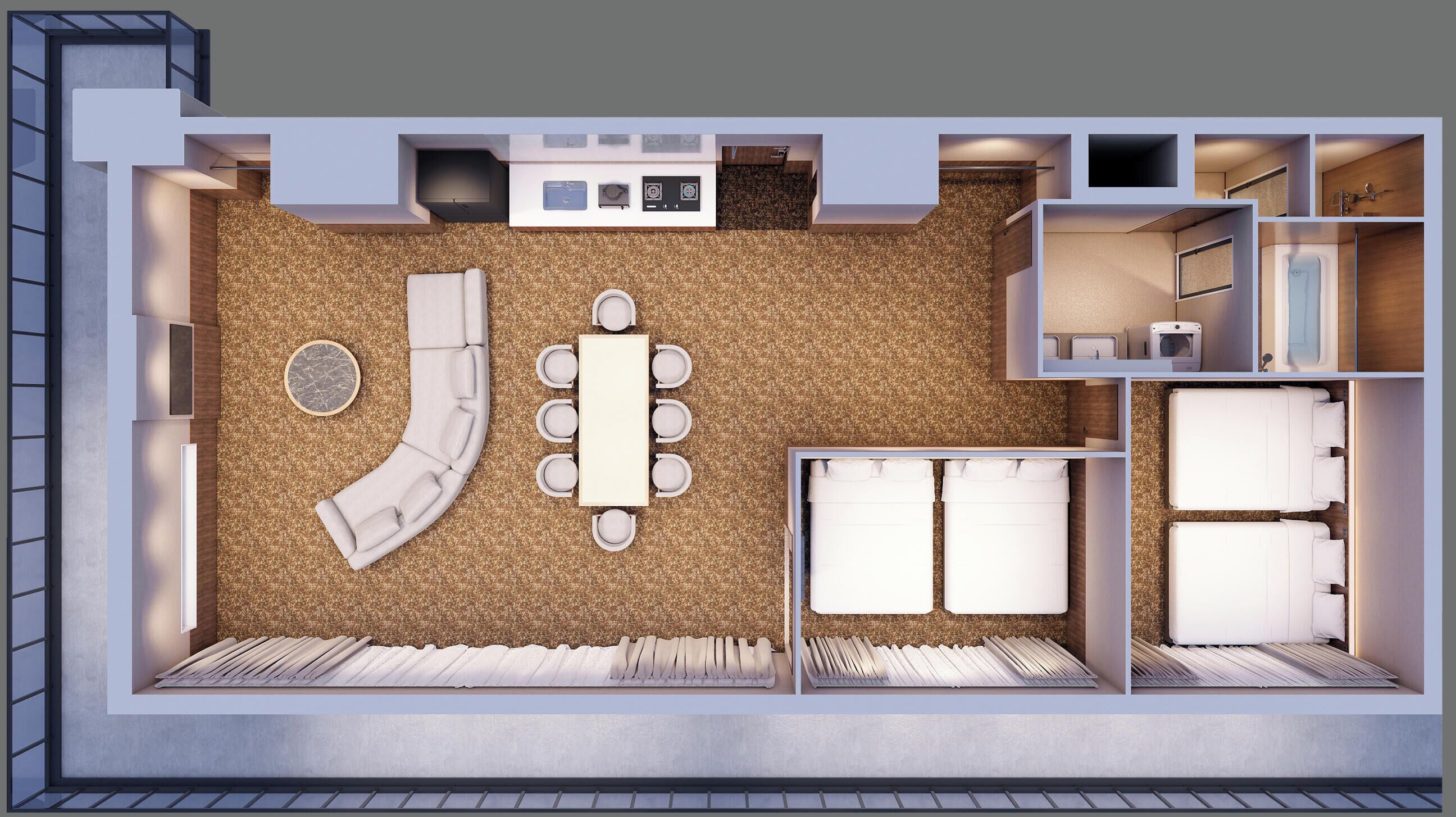 A modern interior with a curved sofa, a round table, and a small kitchen area.