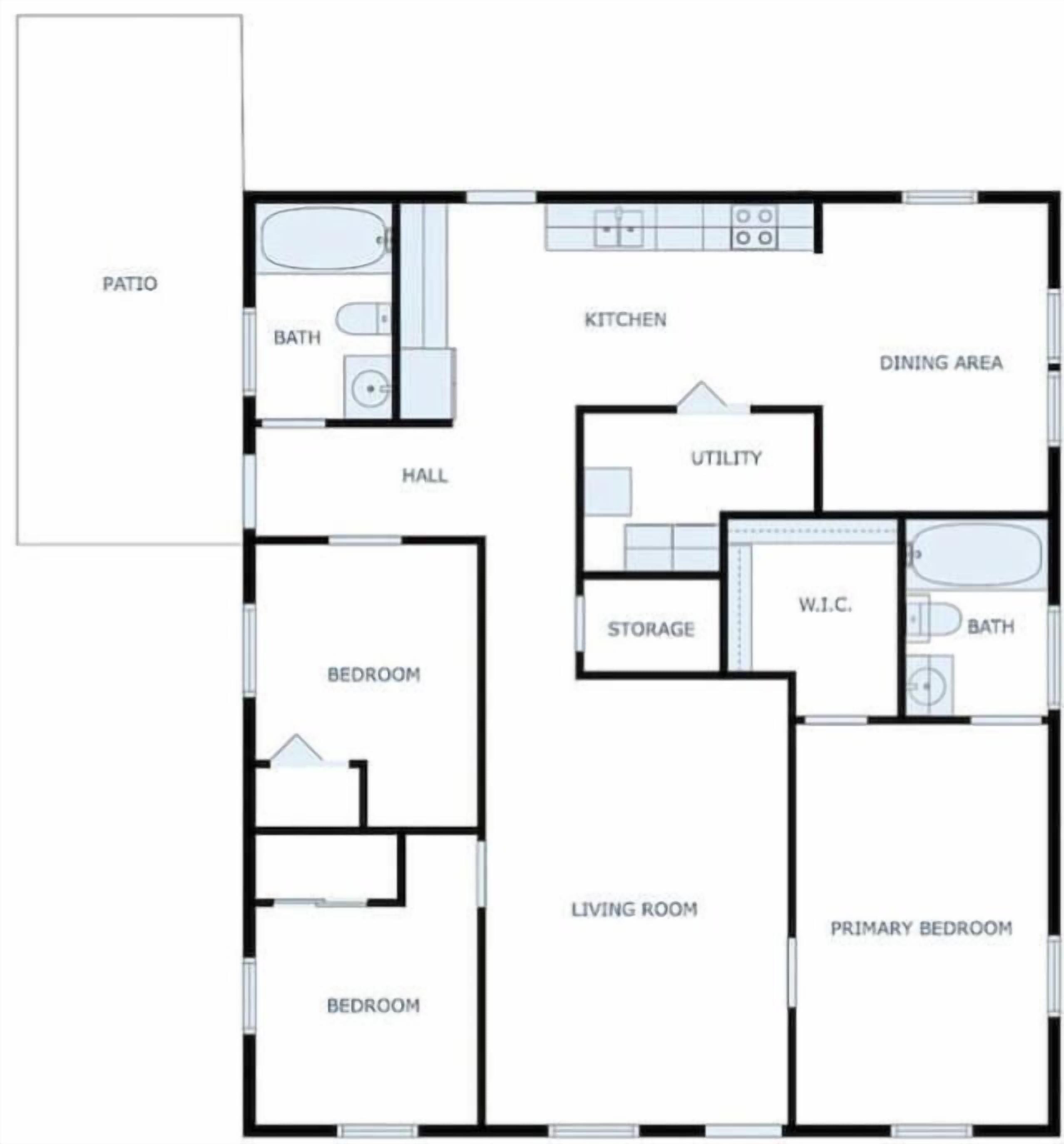 A floor plan with a patio, two bedrooms, a living room, a kitchen, a dining area, a bathroom, a utility room, and a W.C.
