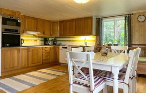 Fridge, stovetop, dishwasher, coffee/tea maker