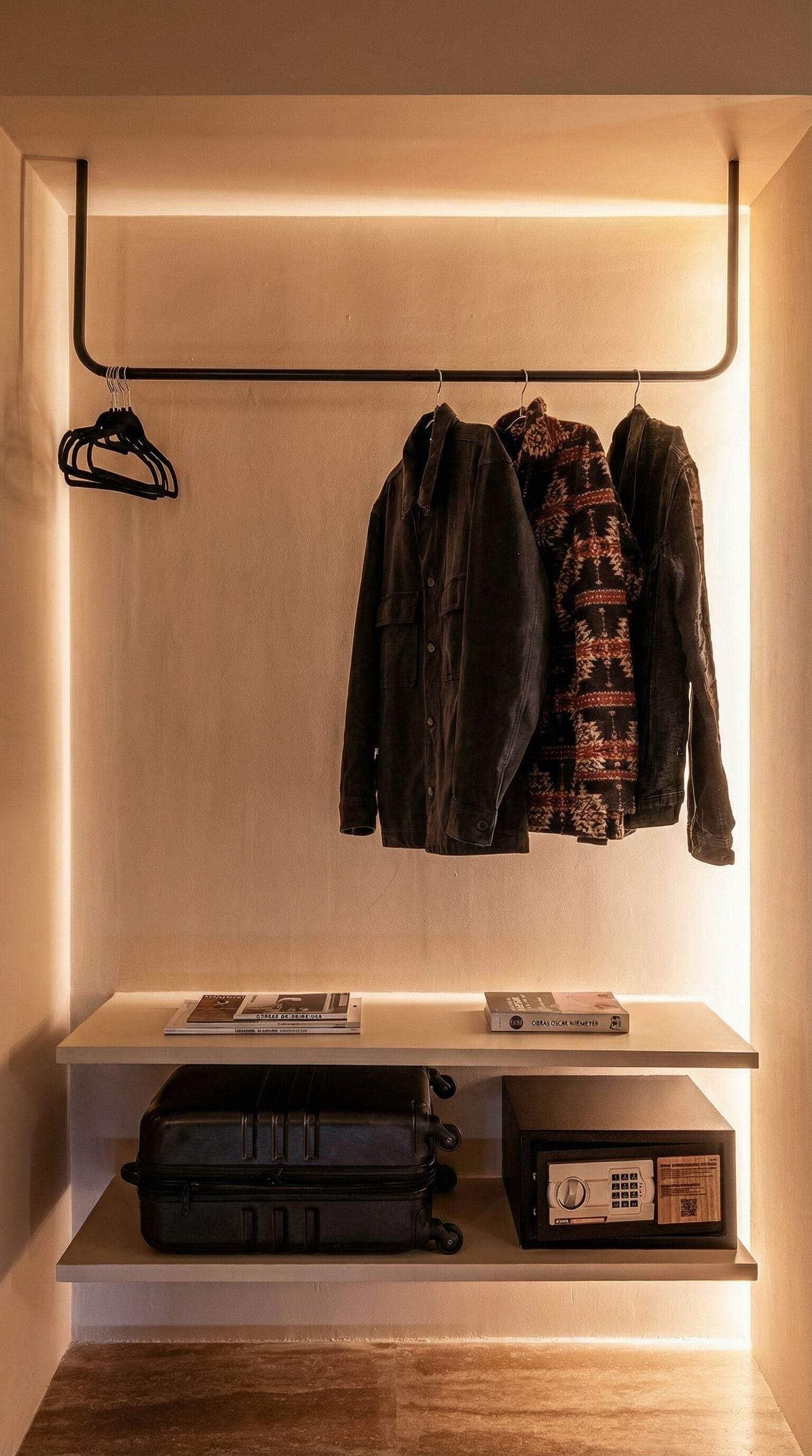 A room with a hanging rack for clothes, a shelf with books and a suitcase, and a flat-screen TV.