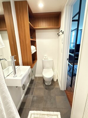 Douche, sèche-cheveux, serviettes fournies, savon