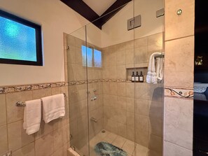 Hair dryer, towels, soap, shampoo