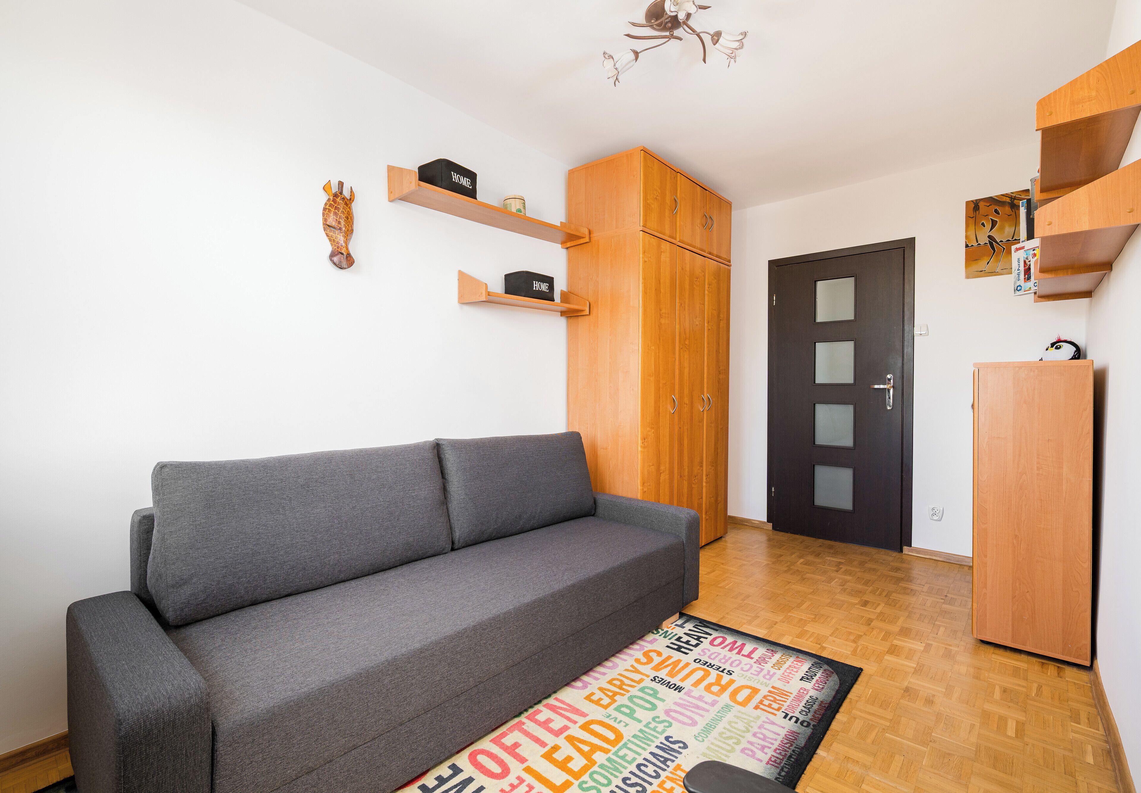 A modern living room with a grey sofa, wooden shelves, a wardrobe, and a patterned rug.