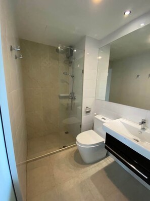 Hair dryer, bidet, towels, soap
