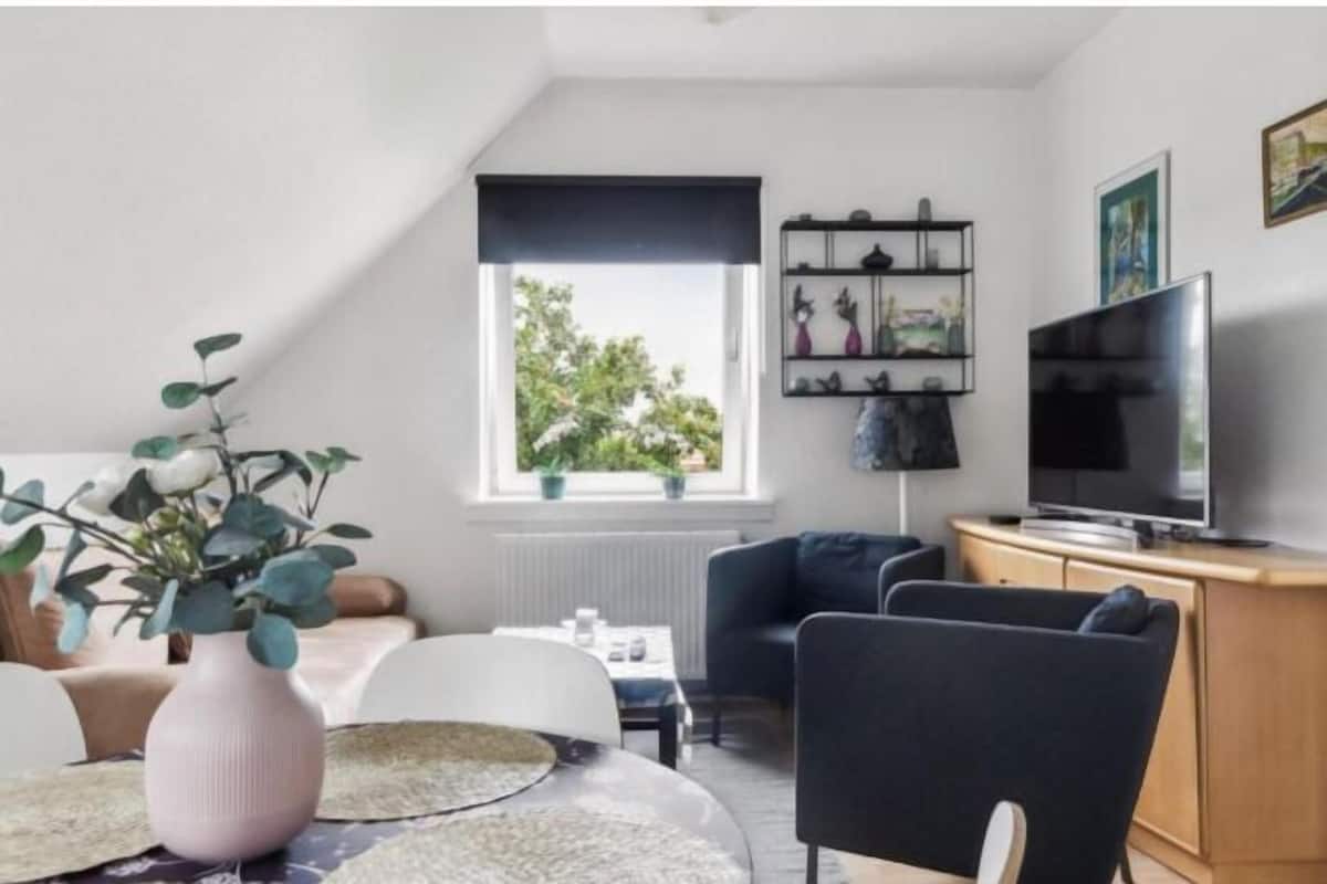 A modern living room with a sofa, a coffee table, a TV, and a bookshelf.