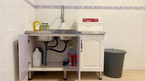 A kitchen with a sink, a cabinet with cleaning supplies, and a trash bin.