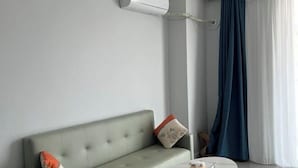 Una stanza con un divano grigio, un condizionatore d'aria, una finestra con tende azzurre e un tavolino.