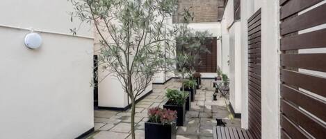 A narrow alleyway with potted plants and a wooden bench.