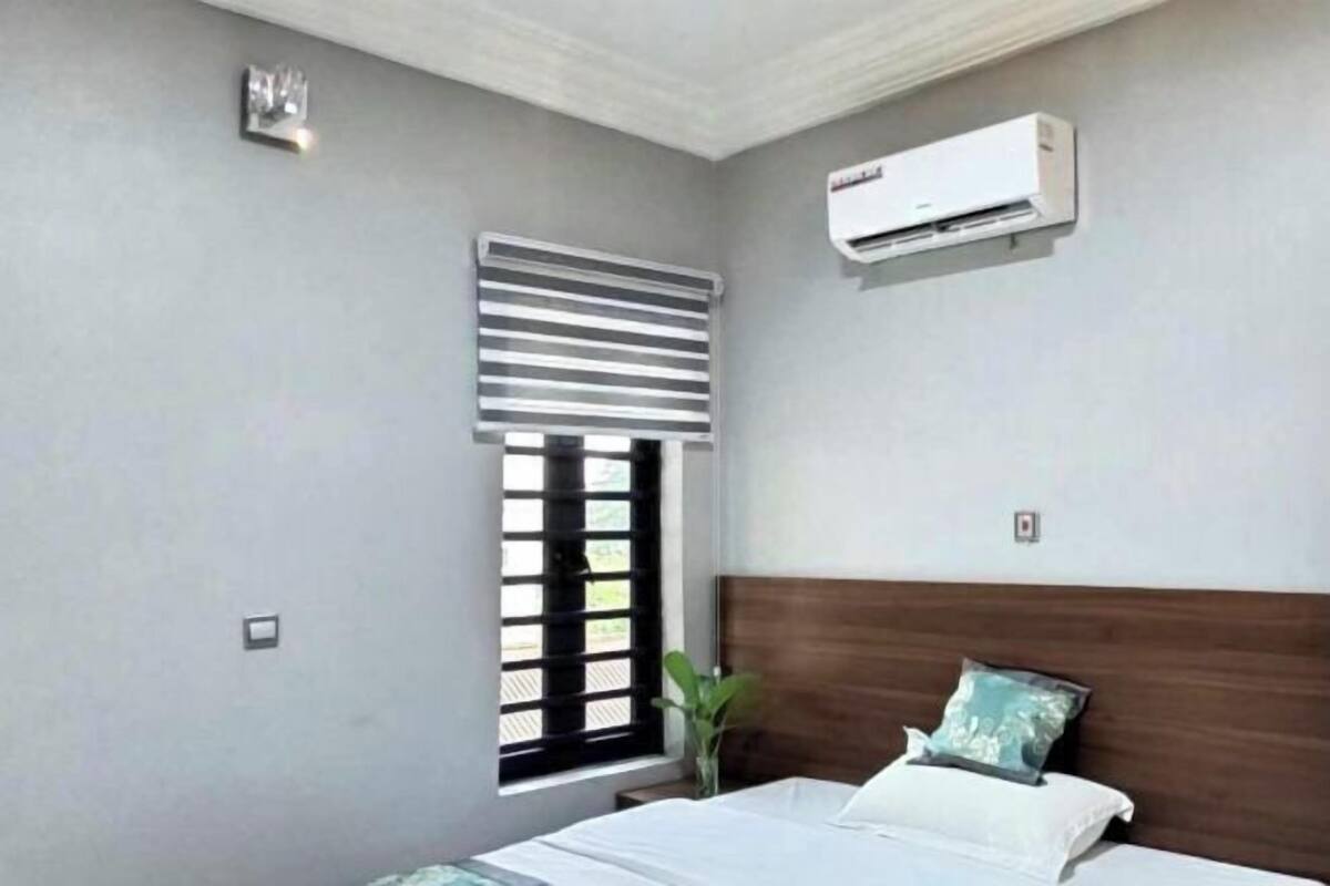 A bedroom with a bed, an air conditioning unit, a window with blinds, and a bedside plant.