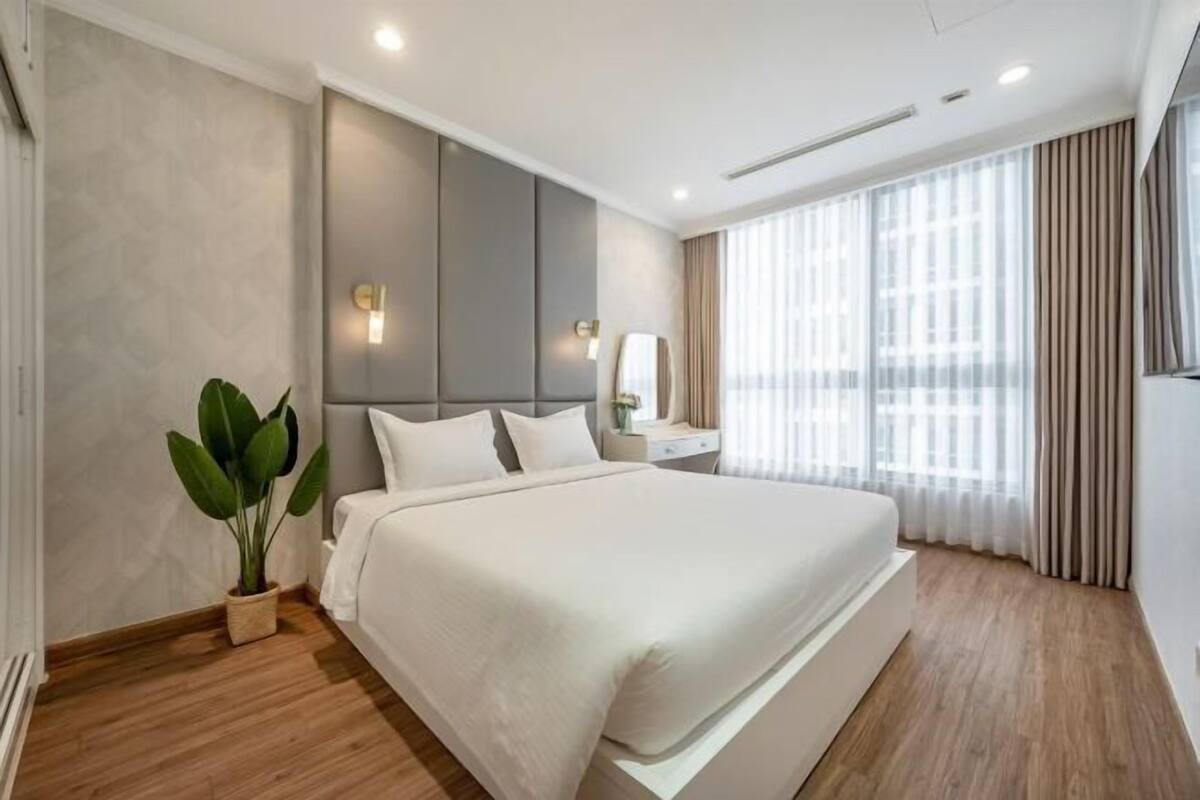 A modern hotel room with a large bed, a bedside table, a potted plant, and a large window with curtains.