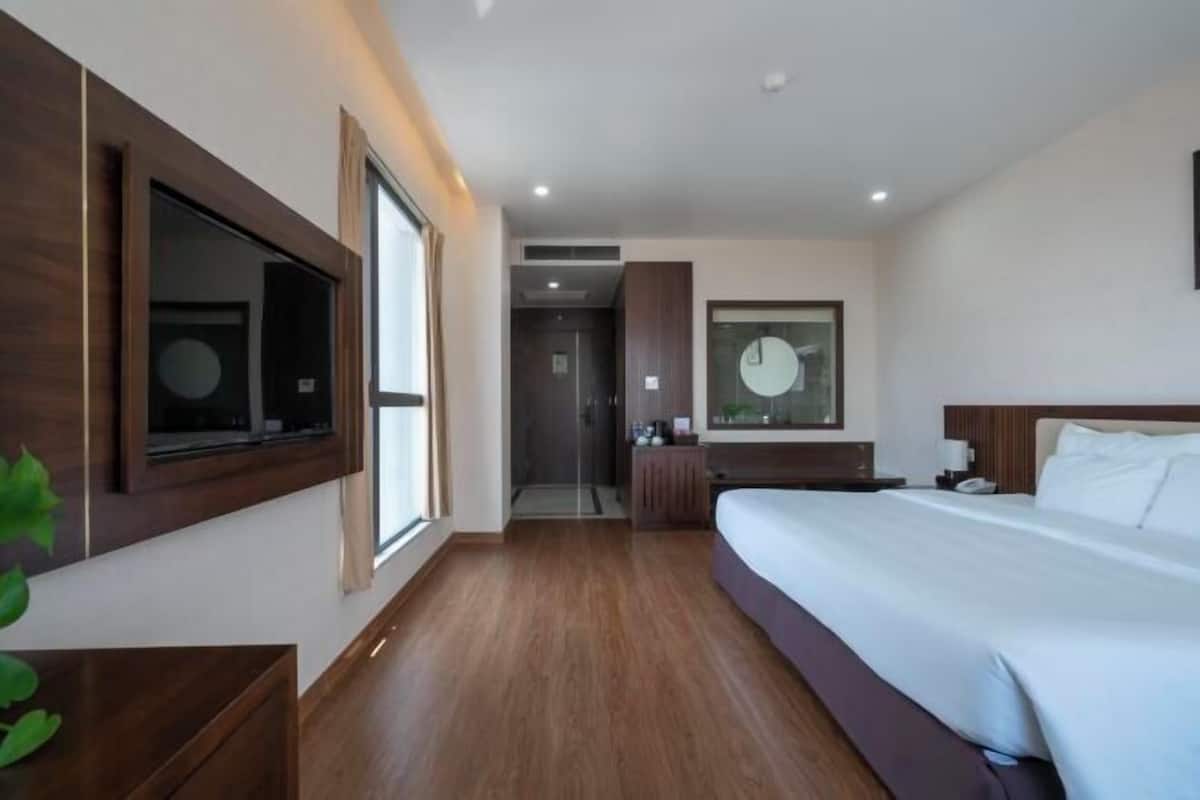A modern hotel room with a large bed, a TV mounted on the wall, a desk, and a shower area.