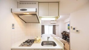 A compact kitchen with a gas stove, a sink, and a small countertop. - EST Swan's City Shinsaibashi East Shimanouchi (Osaka)