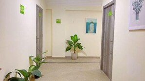 A hallway with two doors, a potted plant, and a painting on the wall. - Lemon Tree & Home 2 (New Cairo City)