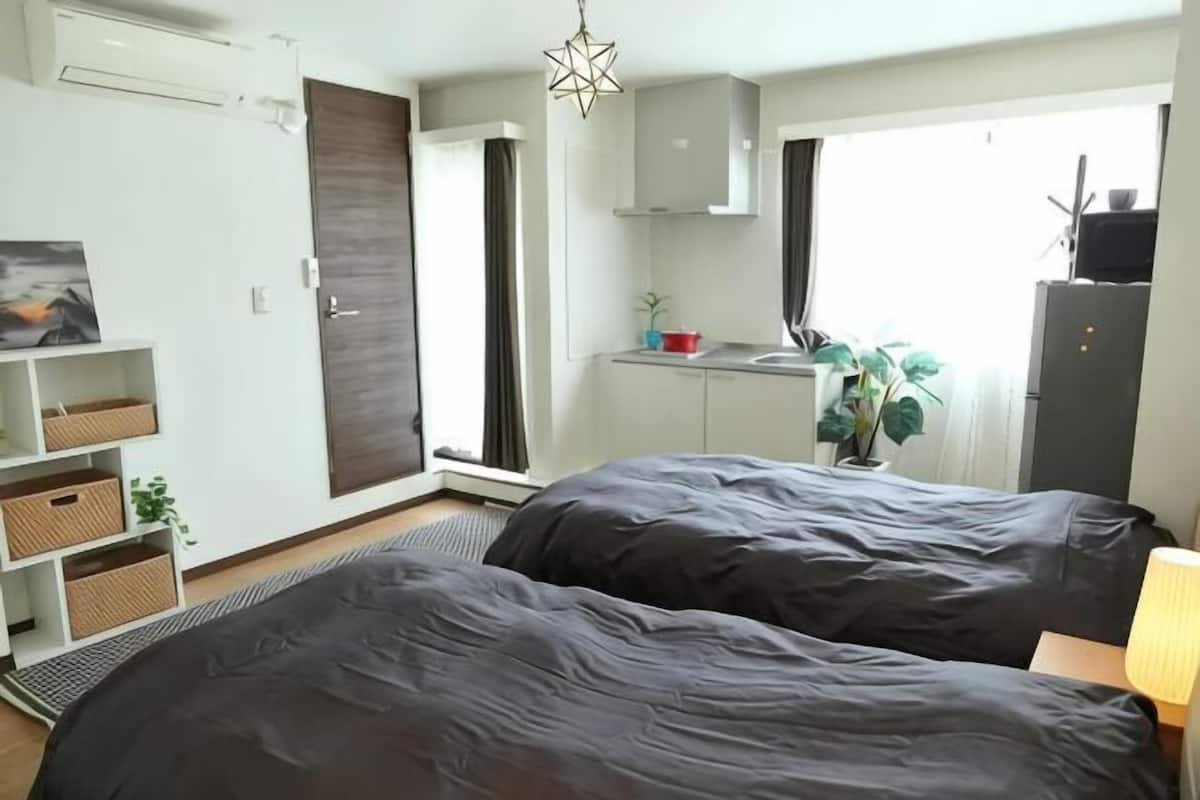 A bedroom with two beds, a small kitchenette, a plant, and a window.