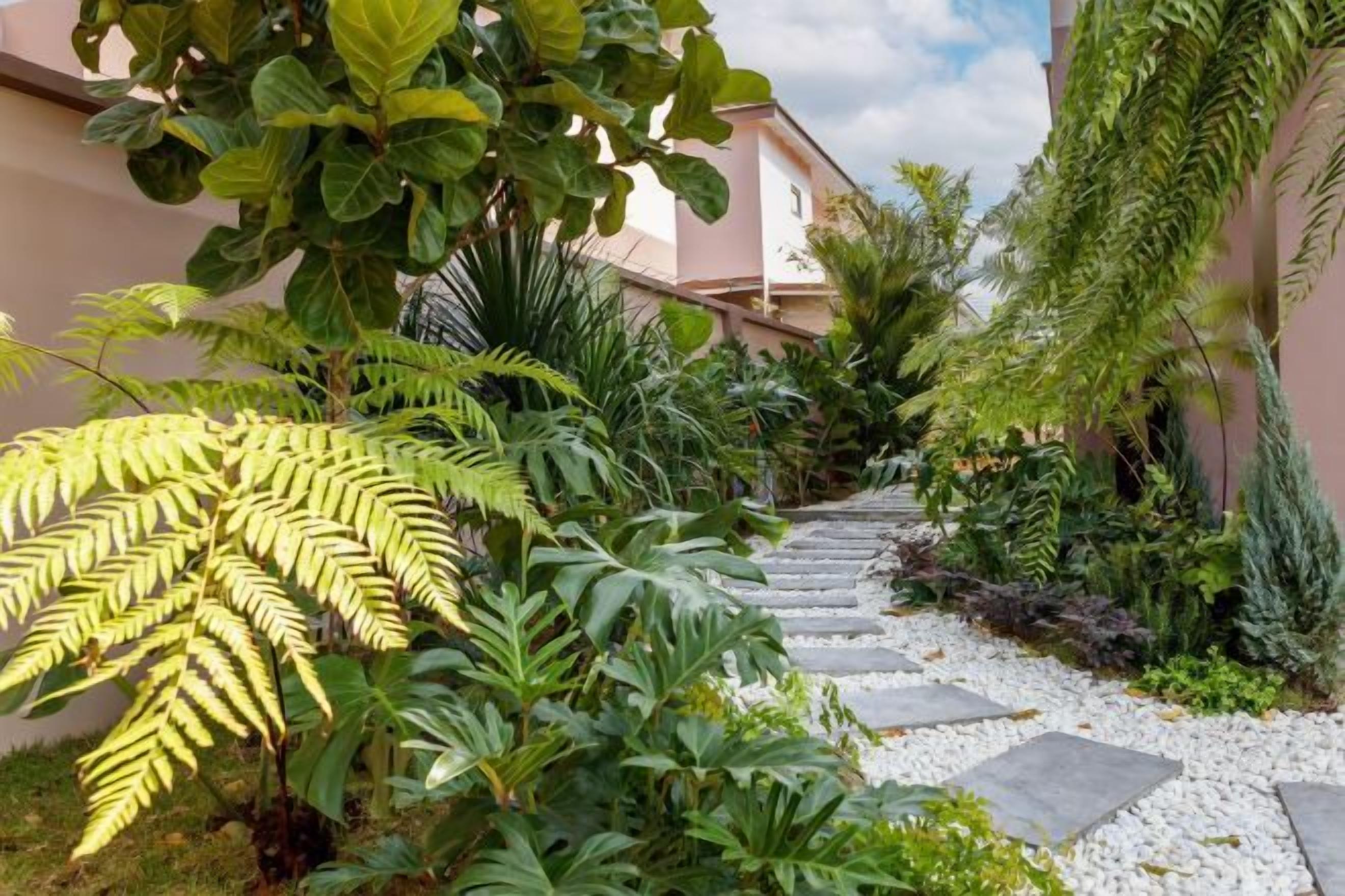 A pathway with stepping stones surrounded by lush greenery and a building in the background.