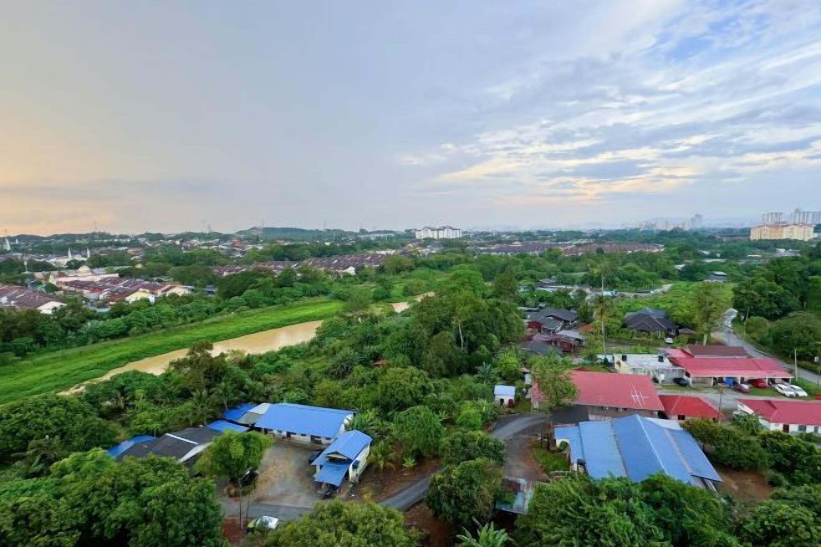 A residential area with houses, some with blue and red roofs, surrounded by greenery and a distant view of a large building.