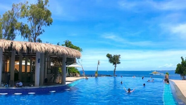 Una piscina con una estructura de techo de paja, palmeras y vista al océano.