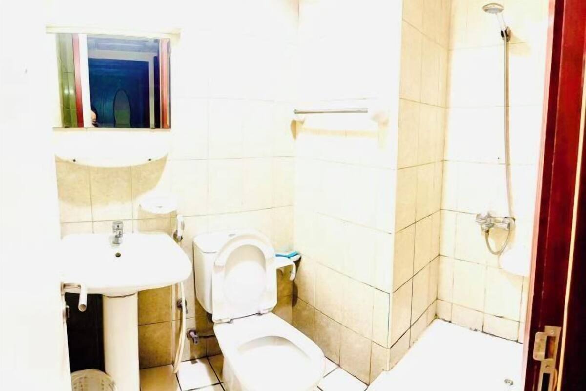 Une petite salle de bain avec des toilettes, un lavabo et une douche.