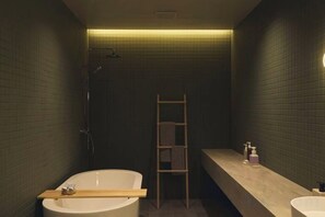 A bathroom with a bathtub, a shower, a wooden ladder, and a vanity with a mirror. - At Hotel ORTO (Fukuoka)