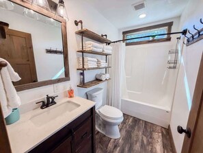 Shower, hair dryer, shampoo