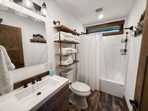 Shower, hair dryer, shampoo