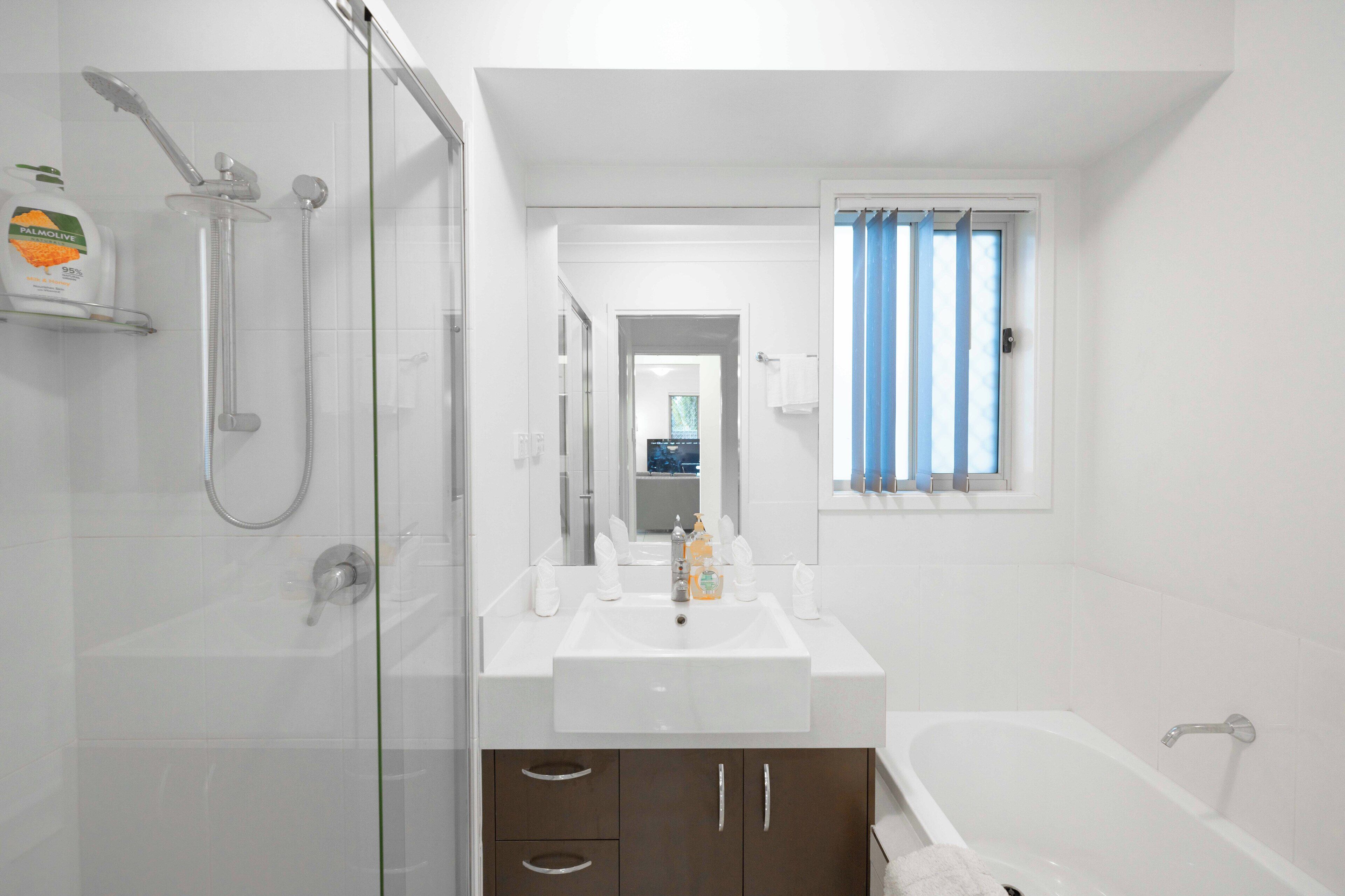 Hair dryer, towels, soap, toilet paper