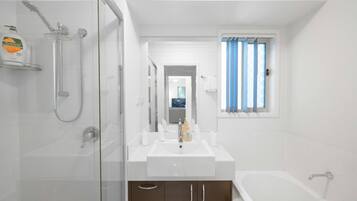 Hair dryer, towels, soap, toilet paper